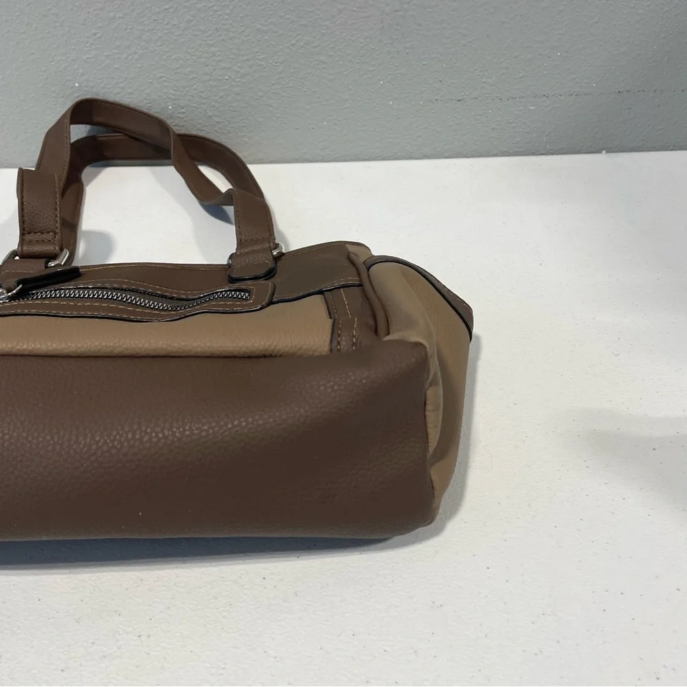 Faux Leather Double‎ Opening Center Zip Purse Hobo Bag Brown And Tan